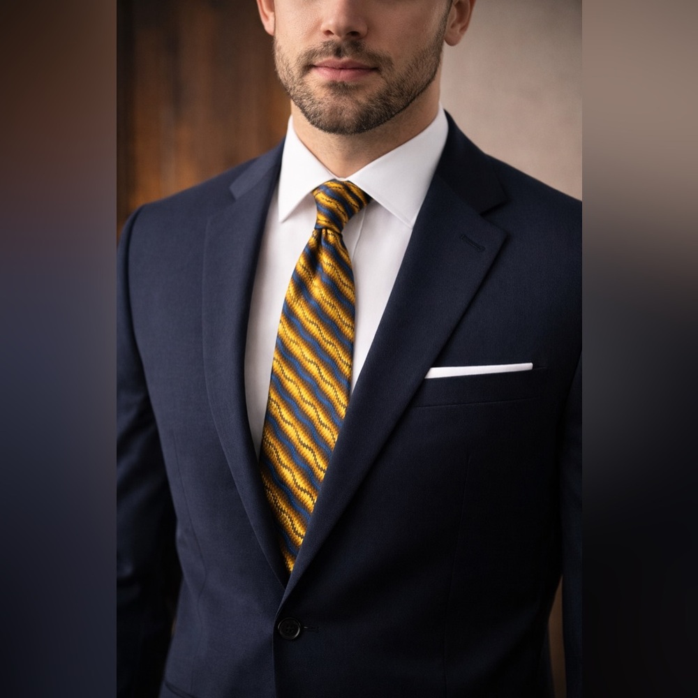 Jhane Barnes Men’s Tie 100% Silk Gold Blue Geometric Pattern Handmade In Italy